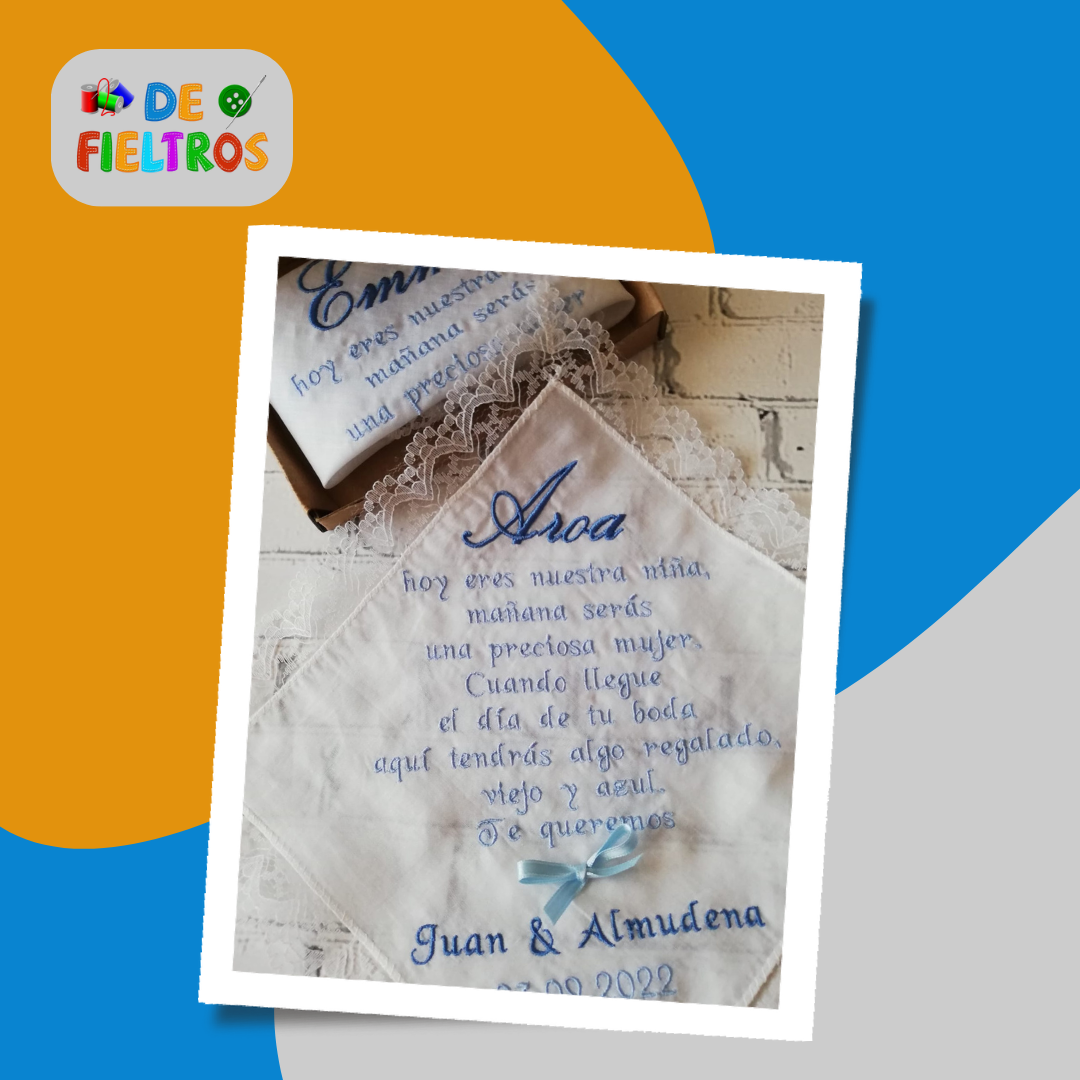 Pañuelo bordado para niña de las arras en boda. Defieltros, productos personalizados y hechos a mano